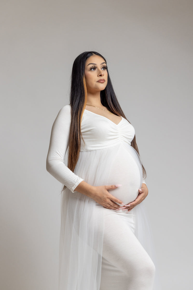 Maternity Fitted White Dress with Sheer Train Maternity Fitted White Dress with Sheer Train