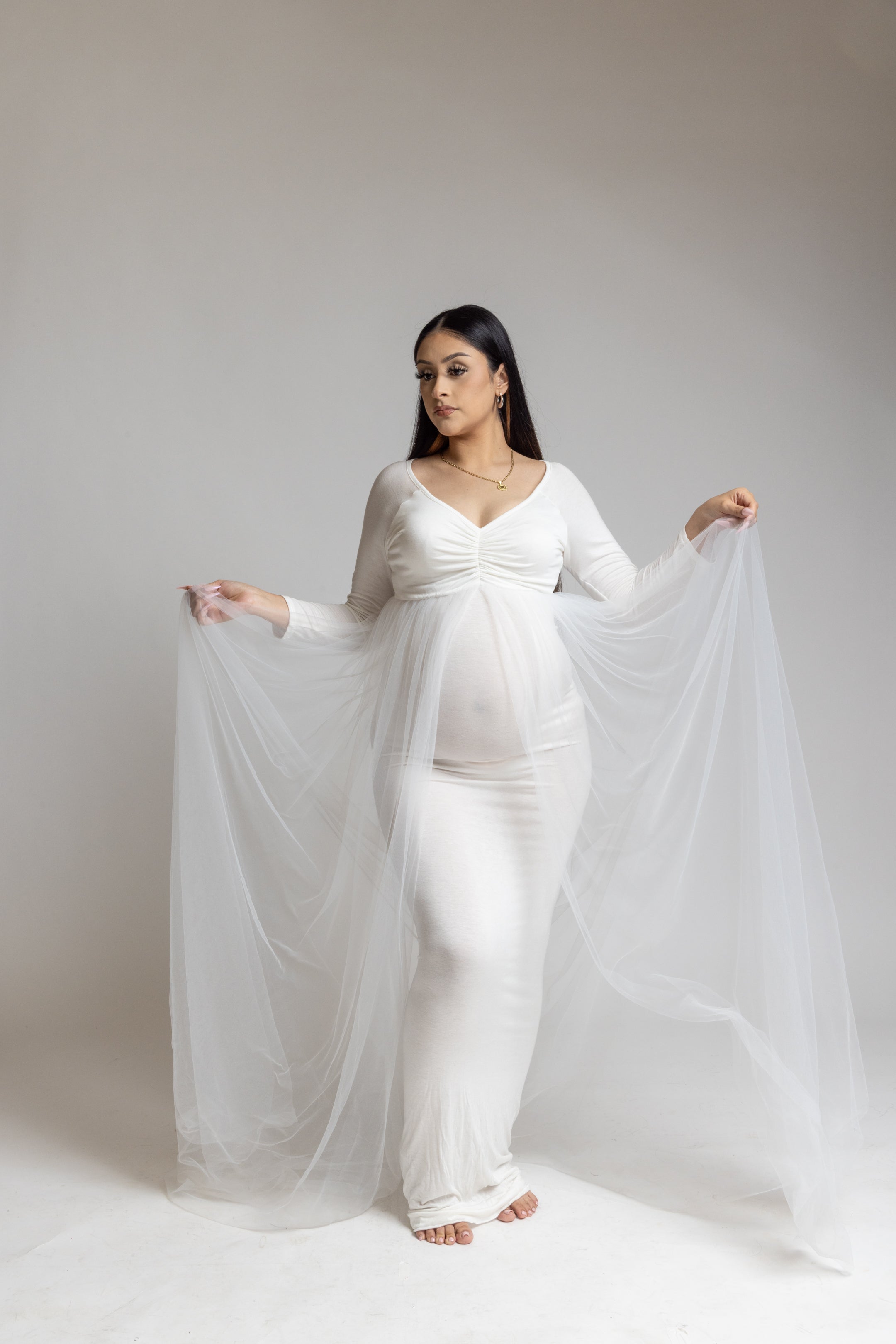 Maternity Fitted White Dress with Sheer Train