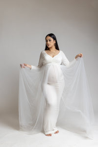 Maternity Fitted White Dress with Sheer Train