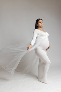 Maternity Fitted White Dress with Sheer Train